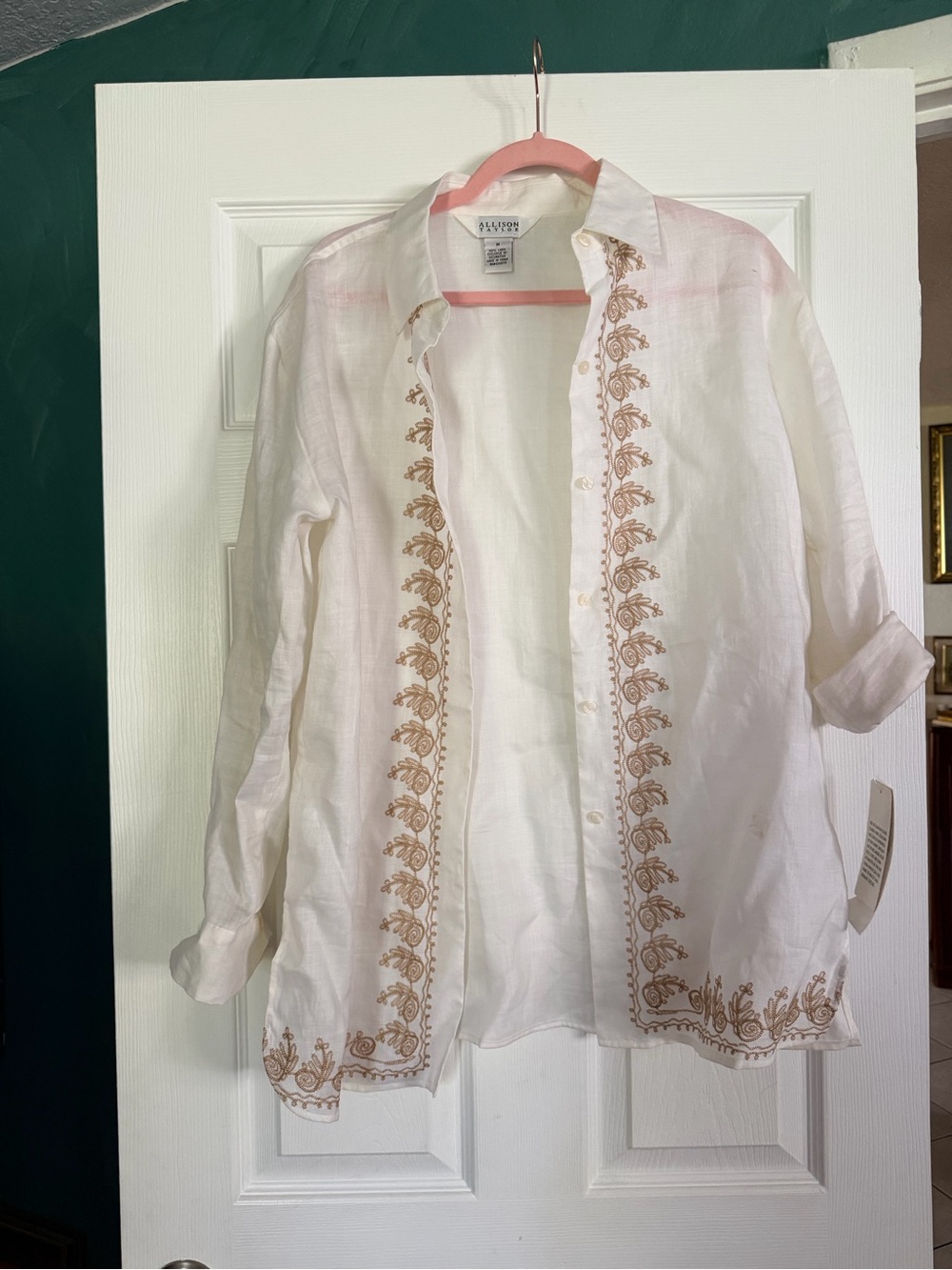 J. Crew White Linen Button-Down Shirt with Tan Embroidery